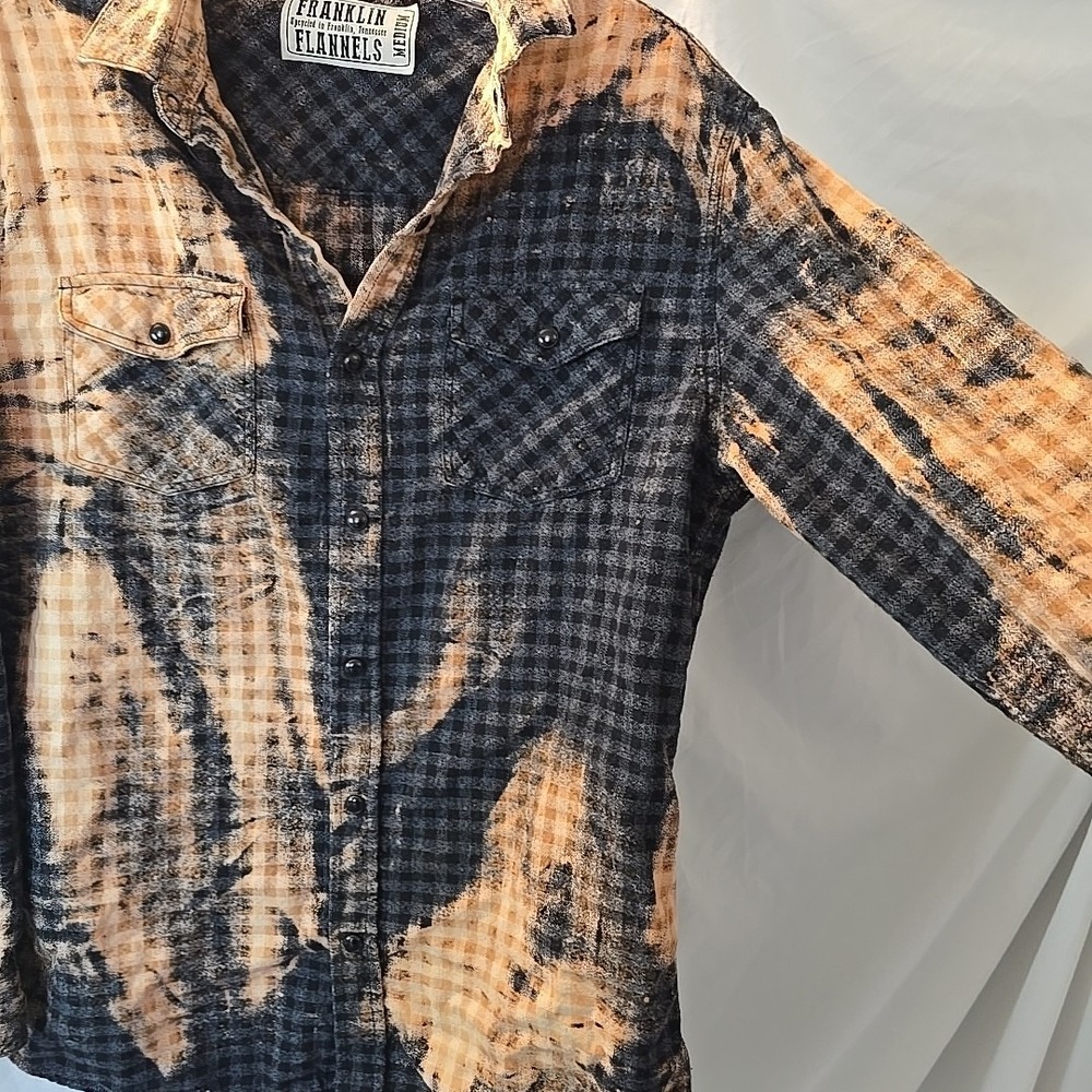 Franklin Flannels Shirt MensM Black Orange Abstract Upcycled Pearl Snap Tie Dye - Picture 8 of 13